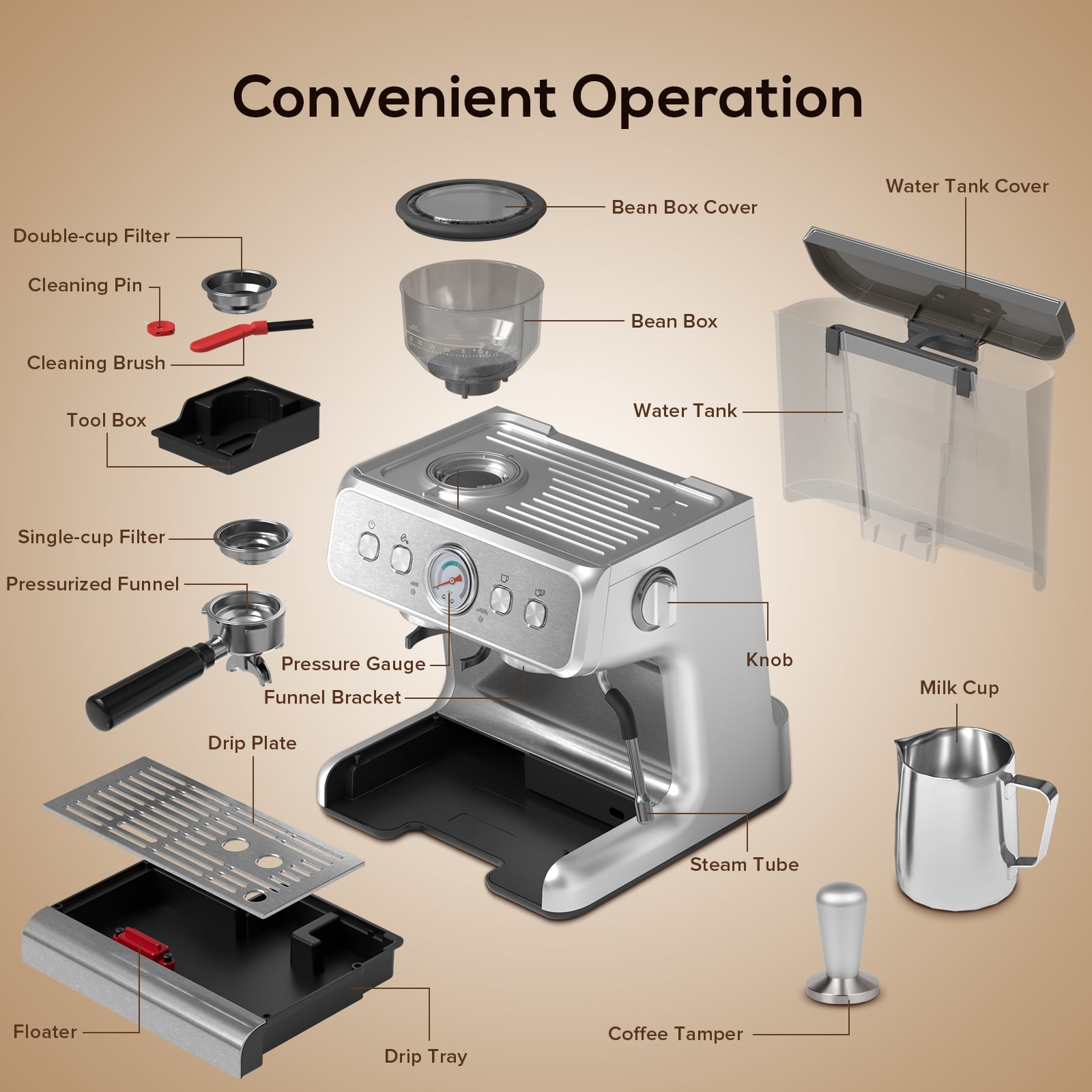 Moifoi 15 Bar Semi-Automatic Espresso Coffee Machine with Conical Burr Grinder and Steam Wand, 1&2 Cups - Silver, New