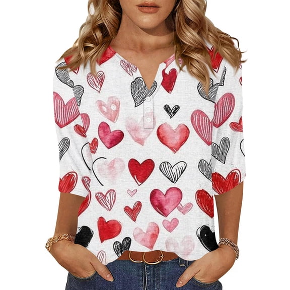 KDDYLITQ Valentine Tops for Women V Neck 3/4 Sleeve Shirts Love Heart Graphic Button Down Blouses Spring Gift T-Shirts Hot Pink S