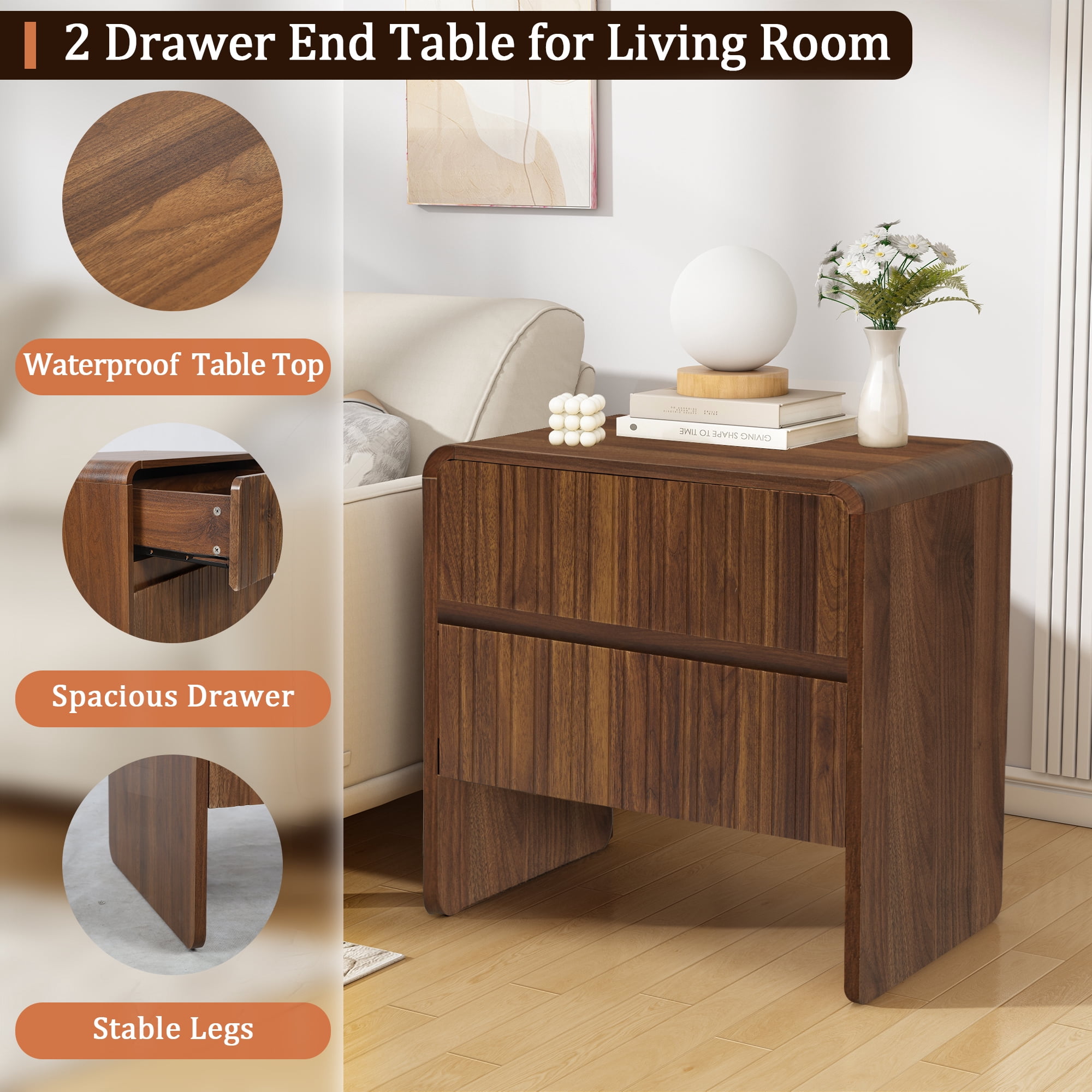LEFHDA 2 Drawer Fluted Nightstand, Wood Fluted Bedside Table for Bedroom, Mid-Century Modern End Tables(Walnut)