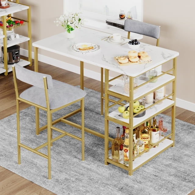 Juego de Mesa Barra Moderno para 2 con Almacenamiento - Mesa Altura Barra con 3 Estantes y 2 Sillas Tapizadas Grises - Mueble Compacto para Cocina y Comedor de Apartamento - Mármol Dorado