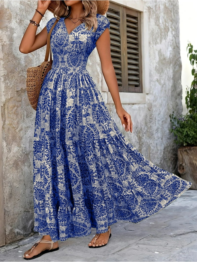 Zoelnic Women's Floral Maxi Dress V-Neck Short Sleeve Smocked Waist Dress, High Waist Summer Fall Boho Chic Long Dress, S