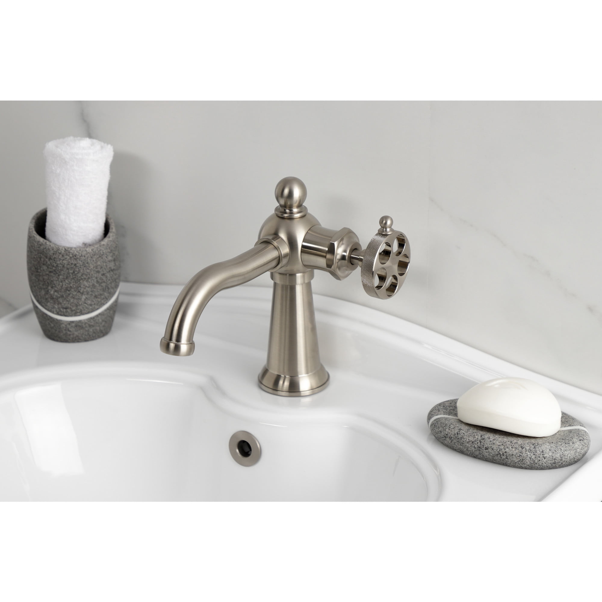 Kingston Brass KS3548RKZ Wendell One-Handle Single-Hole Bathroom Faucet with Knurled Handle and Push Pop-Up Drain, Brushed Nickel