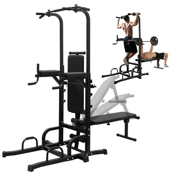 PROHIKER Power Tower Dip Station, Pull Up Bar Stand Power Rack with Detachable Weight Bench, Height Adjustable Strength Training Equipment for Fitness Home Workout, Black