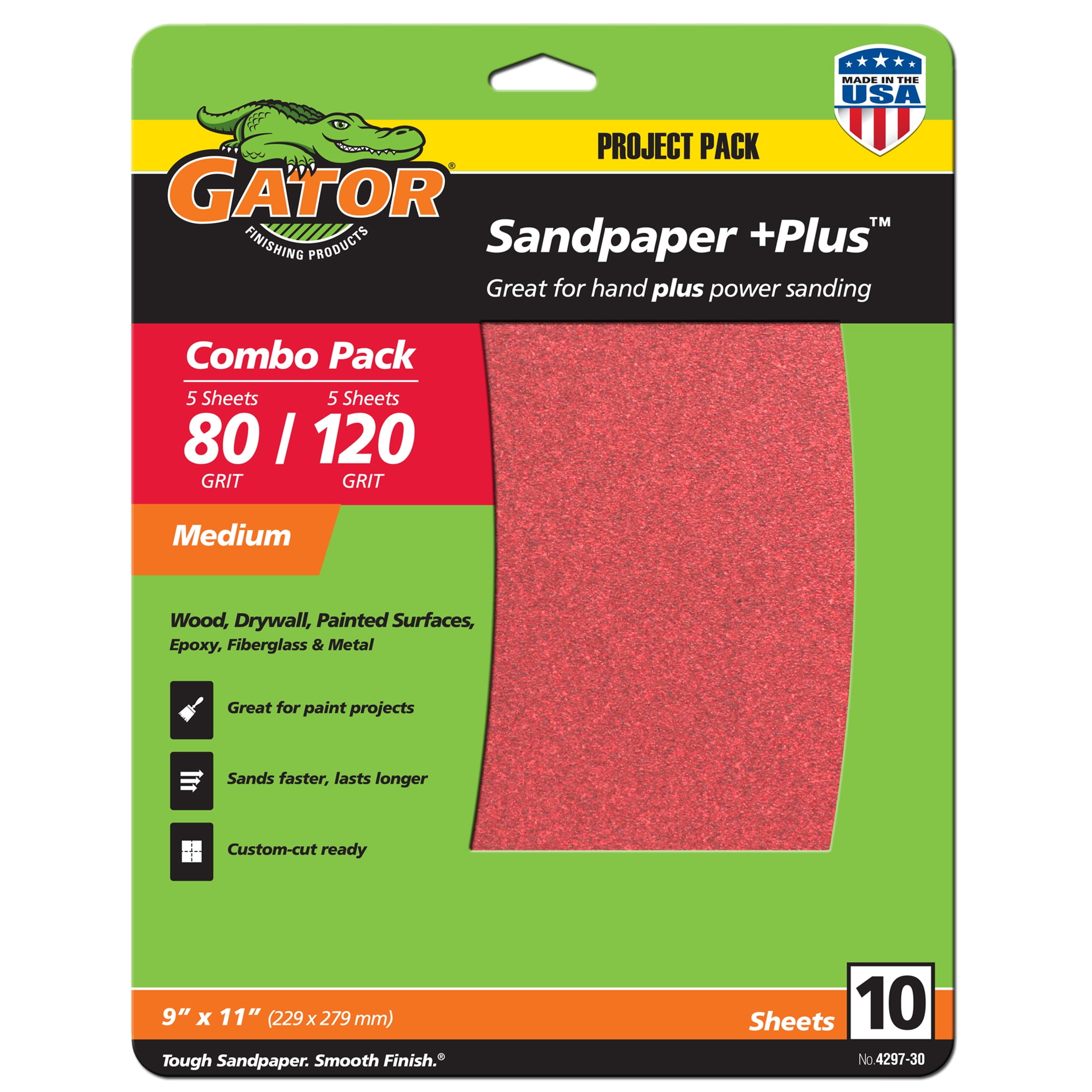Gator 9-Inch x 11-inch Red Resin Aluminum Oxide Sanding Sheets 80 and 120 Grit - 10 Pack