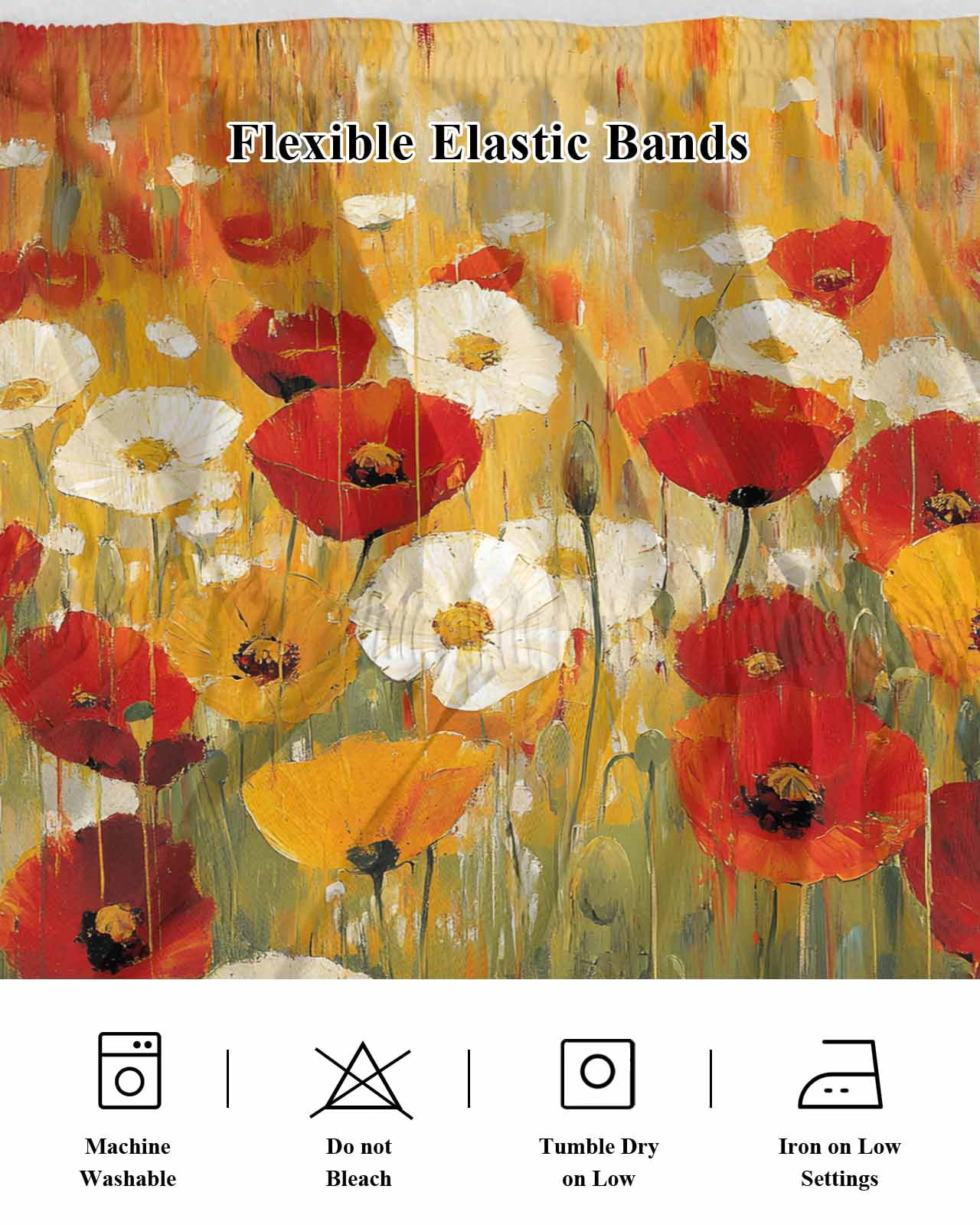 Retro Floral Bed Skirt Red White Yellow Poppy Flowers Oil Painting Bed Skirts King Size 18 Inch Drop, Wrap Around Dust Ruffle&nbsp;Bedskirt with Adjustable Elastic Belt for Queen Size Beds