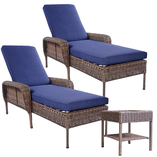 Chaises Longues d'Extérieur Ensemble de Mobilier de Terrasse en Osier 3 Pcs Fauteuil Inclinable Réglable avec Coussin Table d'Appoint, Résistant aux UV Toutes Saisons