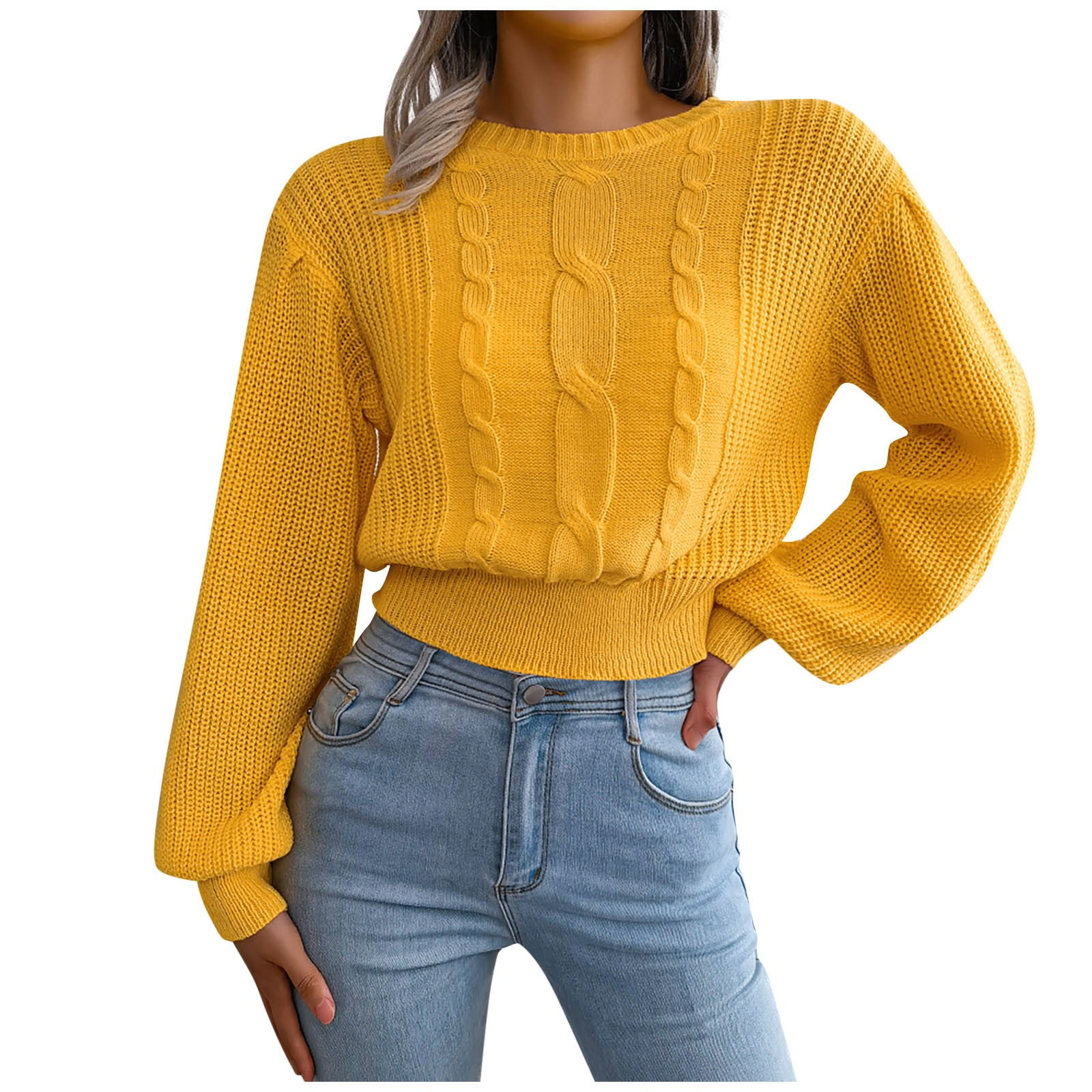 Fall Clothes, Crew Sweater For Women Ropa De Mujer Womans Cardigan Sweaters Long Women's Winter Top Ins Style Casual Lantern Sleeve Knitted Sweater And (L, Yellow) TBKOMH -