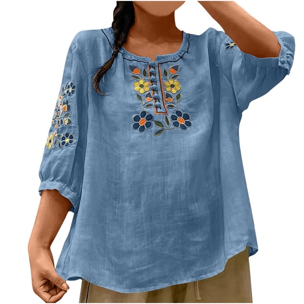 Vestidos Casuales Para Mujer, Blusas De Mujer De Moda Camisa holgada de lino para mujer con mangas tres cuartos y cuello redondo.