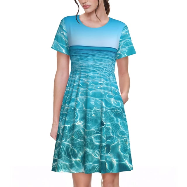 Easygdp Crystal Clear Ocean Waves para Vestido Transpirable de Mujer, Vestido Suelto de Manga Corta con Pliegues y Bolsillos para el Verano