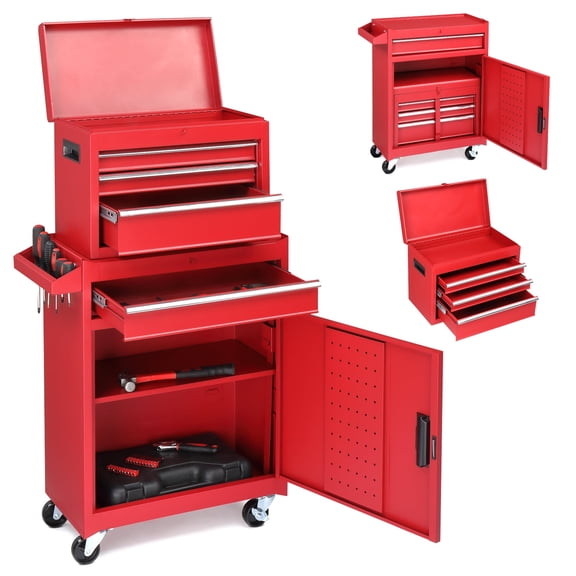 IVV 4-Drawer Rolling Tool Chest Storage Cabinet with Detachable Top Tool Box, Universal Lockable Wheels, Locking Mechanism, Tool Cart for Garage, Warehouse, Repair Shop (Red)