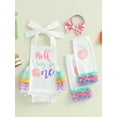 thumbnail image 3 of YASUTNKS Baby Girls Birthday Clothes Sleeveless Letter Donut Print Romper with Bow Headband and Leg Warmers, 3 of 9
