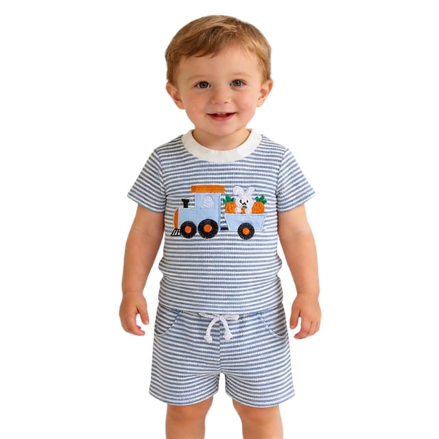 Conjuntos de blusas y camisas de cuello redondo y manga corta. Conjunto casual de dos piezas de Pascua para niños y niñas. Incluye una camiseta de manga corta con cuello redondo y una toalla bordada.