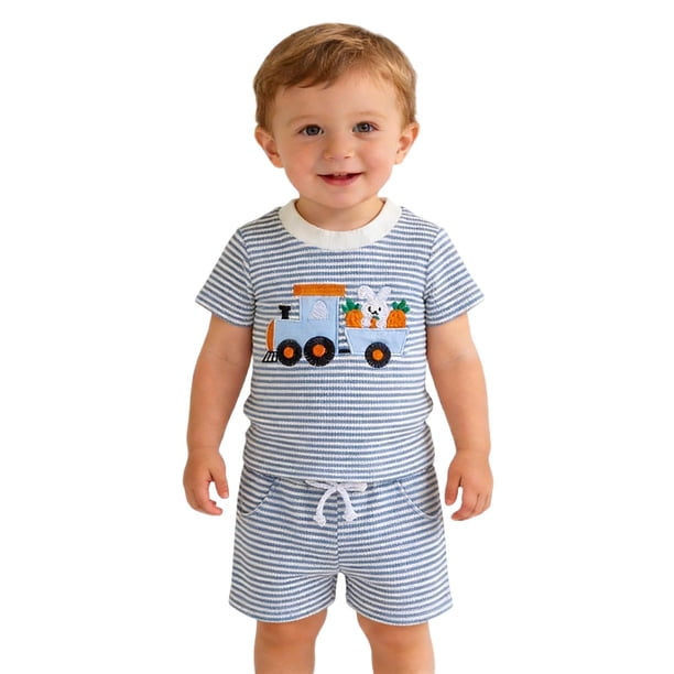 Conjuntos de blusas y camisas de cuello redondo y manga corta. Conjunto casual de dos piezas de Pascua para niños y niñas. Incluye una camiseta de manga corta con cuello redondo y una toalla bordada.