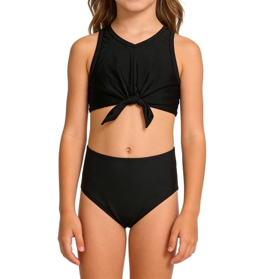 Cute Swimsuits for Girls Two Piece Bathing Suit Front-Tie Swim Suit High Waist Beach Bikini Swimwear 2-12 Years (11-12 Years, Black)
