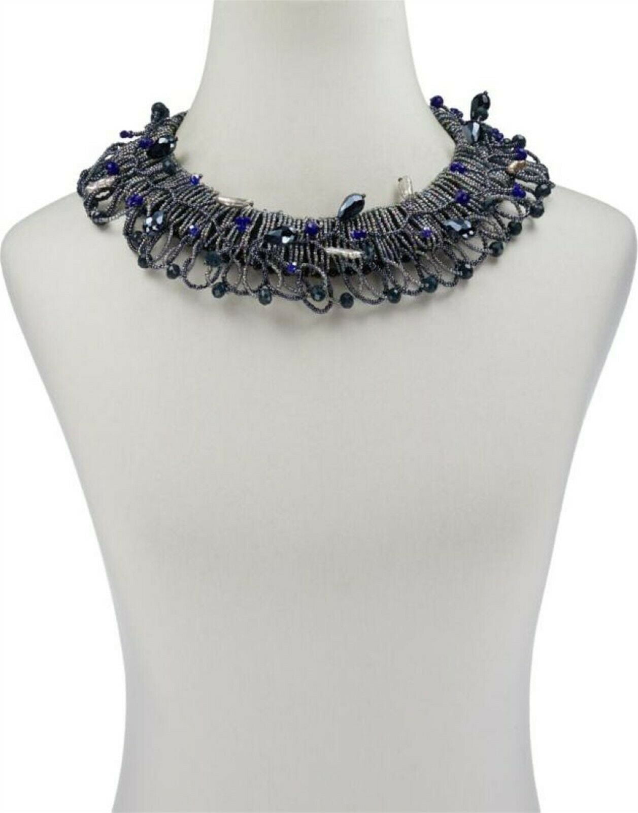 Rara Avis Iris Apfel 18" Black Beaded Collar Necklace Navy One Size NEW 661-265