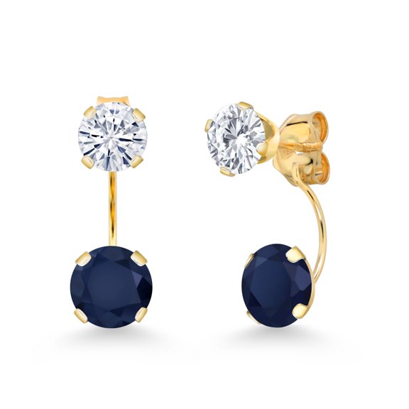 Gem Stone King 14K Yellow Gold Blue Sapphire and White Moissanite Stud Earrings for Women | 3.20 Cttw | Gemstone September Birthstone | Round 6MM
