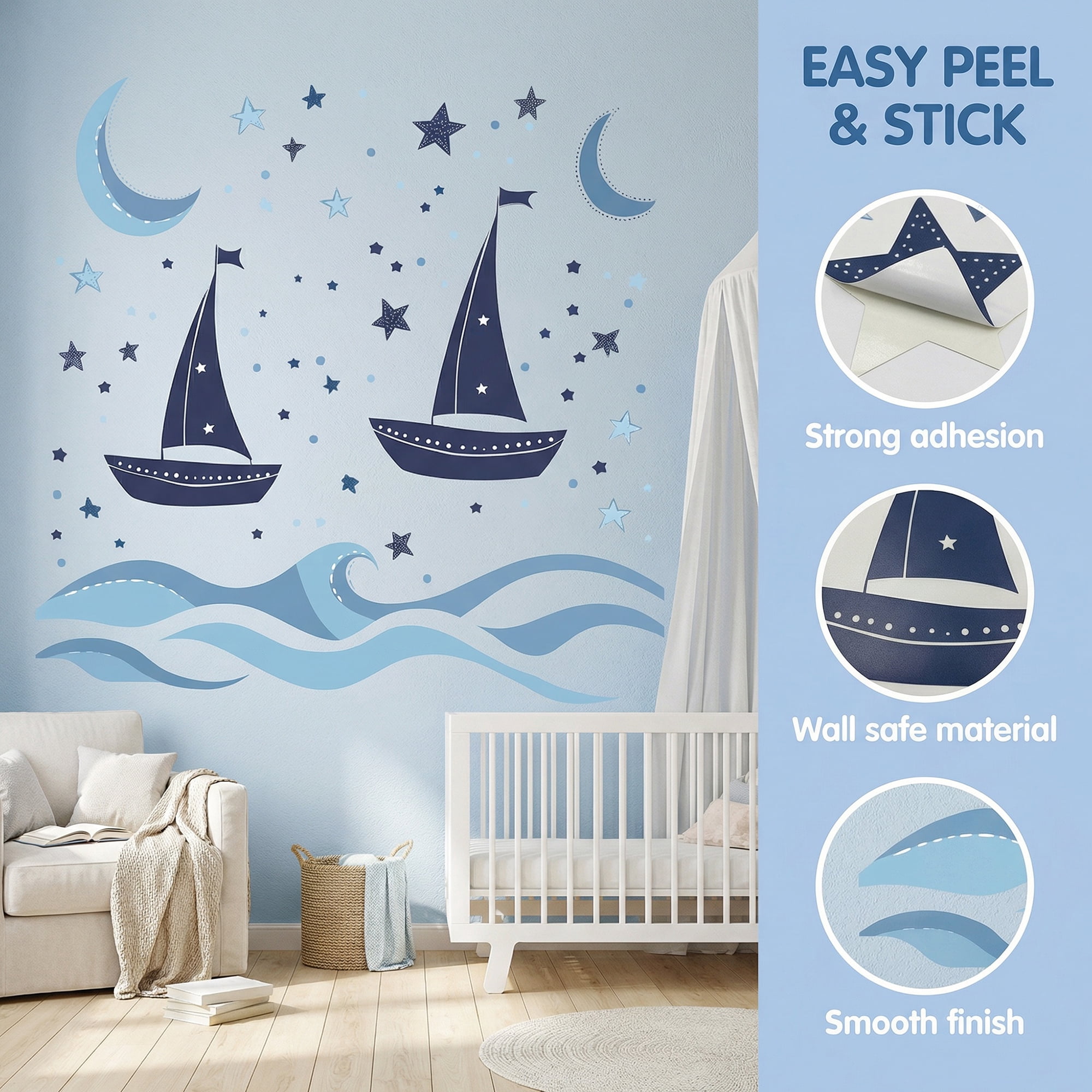 Unique Bargains Nursery Wall Stickers with Waves and Sailboats Peel Blue 23.2" x 15.7"