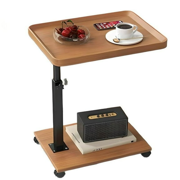 BEJOLO C Shaped Side Table with Wheels, Adjustable Height Tea Table, Rectangular, Wood Color