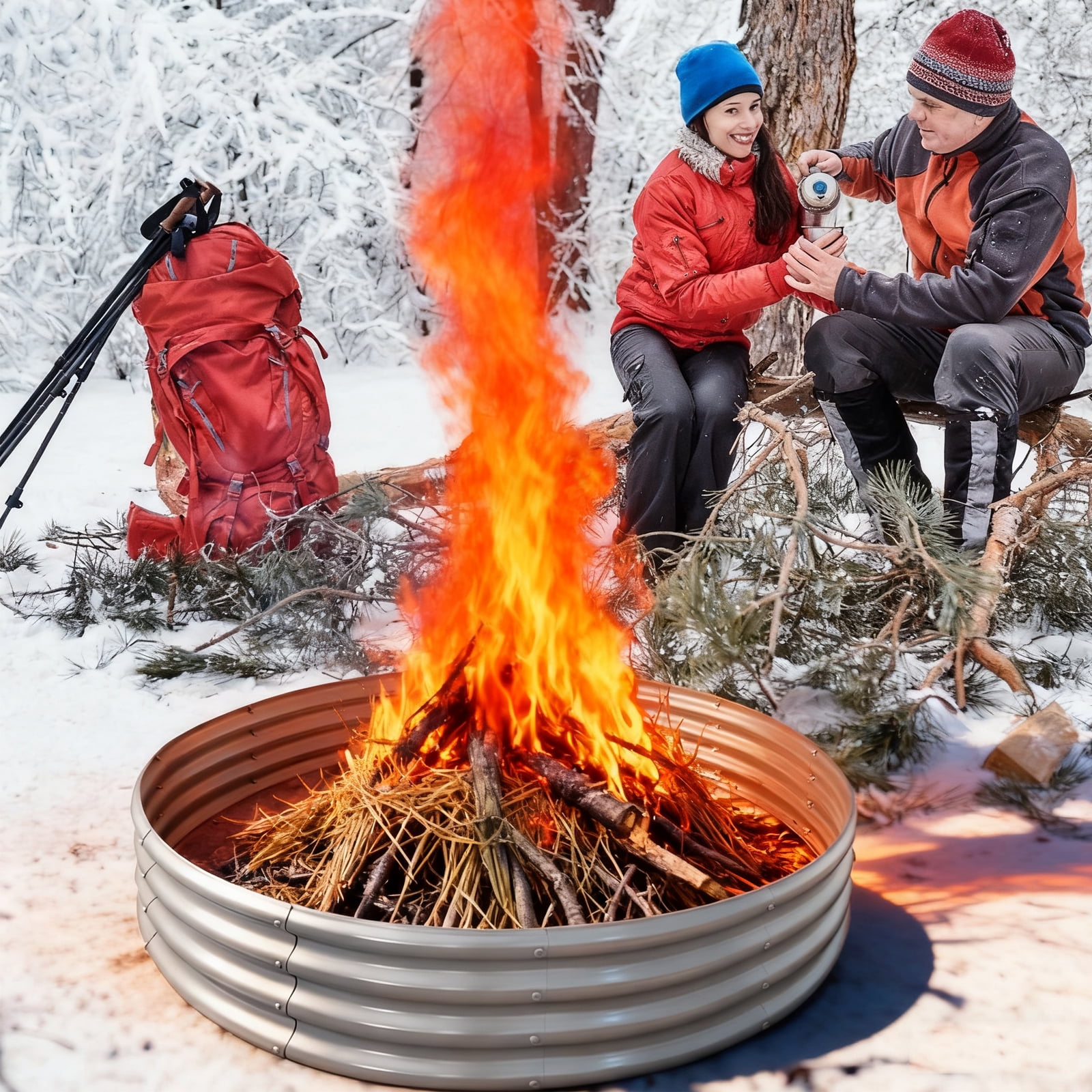 Jacgood 5FT Diameter Camp Fire Ring Pit, Large Round Galvanized Steel Fire Pit, Heavy Duty Steel Fire Pit Silver for Backyard, Camping, Bonfire，59in Diameter