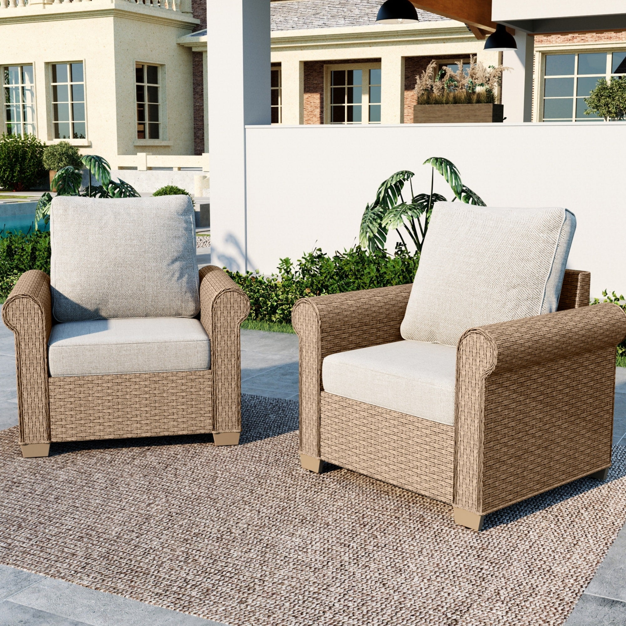 MF Studio 2-Pack Outdoor Wicker Club Lounge Chairs, Patio Furniture Set of 2, Beige Cushions