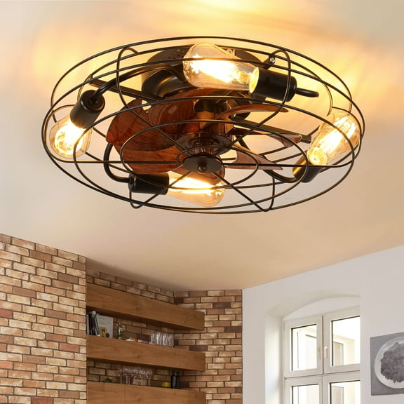 Modern Farmhouse Caged Ceiling Fan with Light, Remote Control, 20 Low Profile Design.