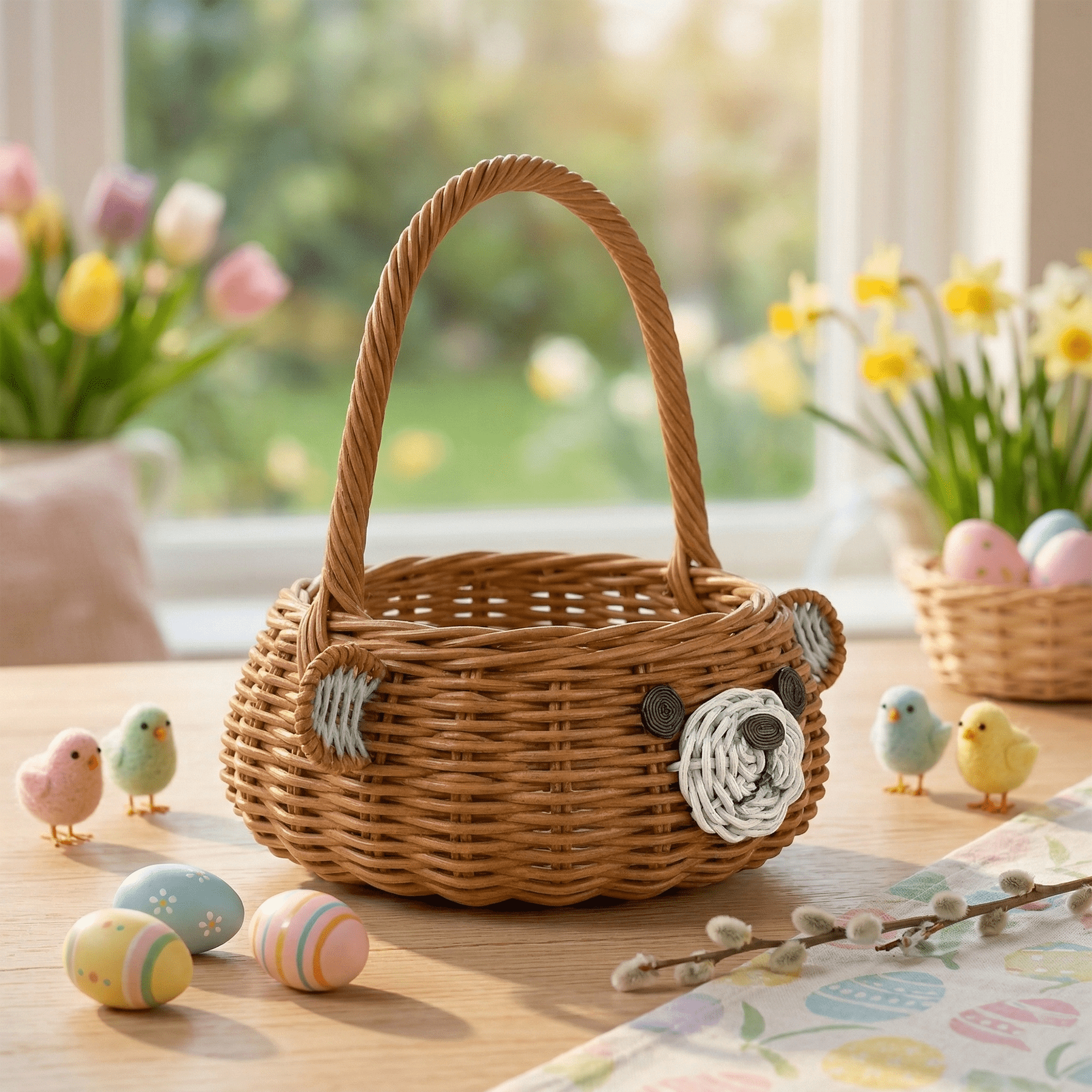 Hand Woven Bear Rattan Wedding Flower Girl Basket Decorative Home Decor Bin Organizer Storage Cute Handmade Handcrafted Gift Decoration Wicker Easter
