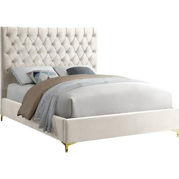 Pemberly Row Modern Solid Wood Tufted Velvet Queen Bed in Cream
