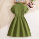thumbnail image 4 of Vestido de verano para niños, de manga corta, con cuello vuelto, de color liso, con cinturón y cintura ajustada, vestido camisero de manga corta para niños, top de poliéster para niños, 4 of 9