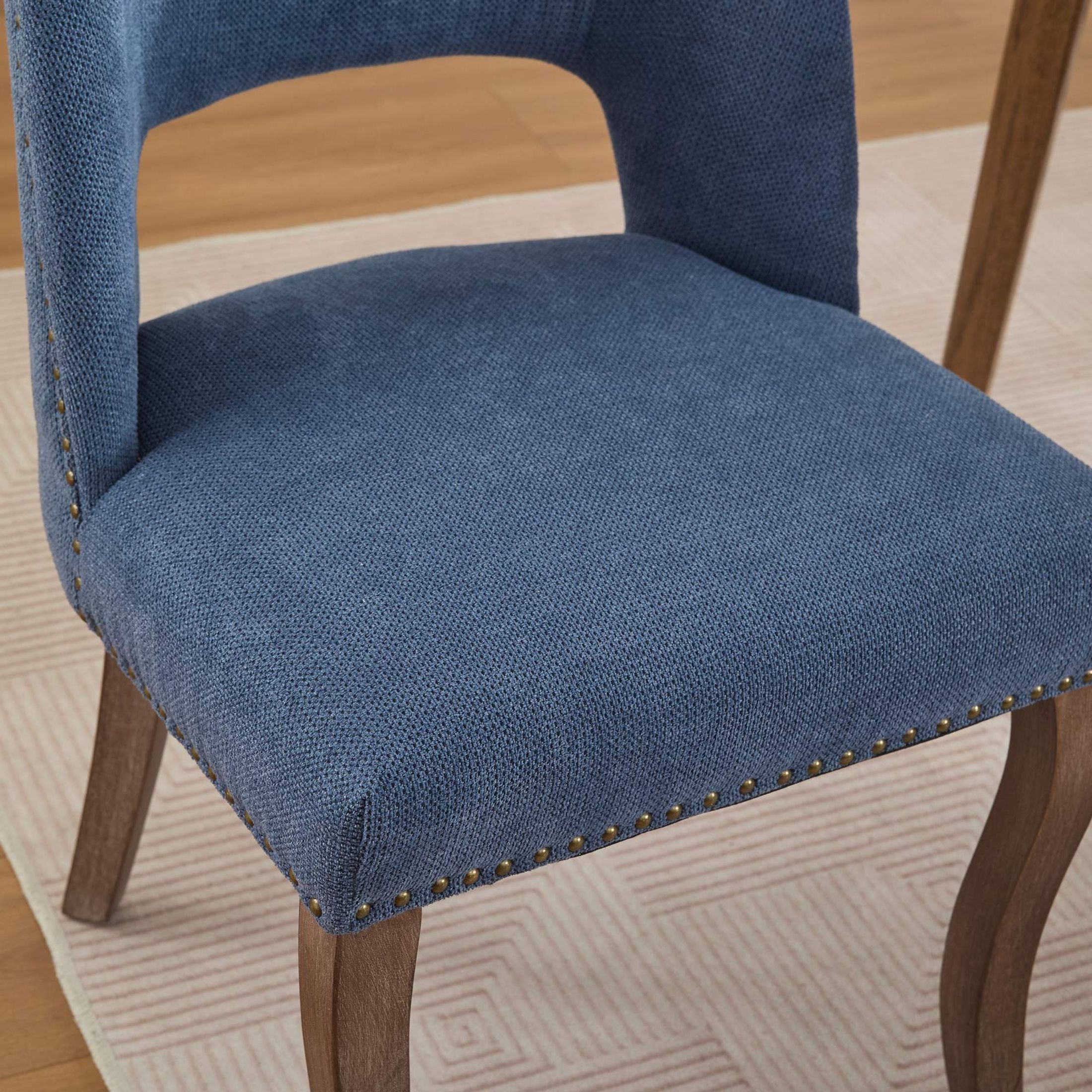 GDF Studio 22.8" Farmhouse Dining Chairs Set of 2 with Fabric Upholstery, Curved Rubberwood Legs, Blue