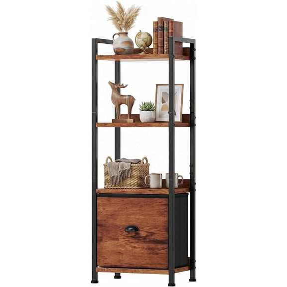 Nextay 4-Tier Narrow Bookshelf with Fabric Drawer, Tall Slim Bookcase for Small Spaces, Industrial Storage Rack for Living Room, Bedroom, Home Office, Brown