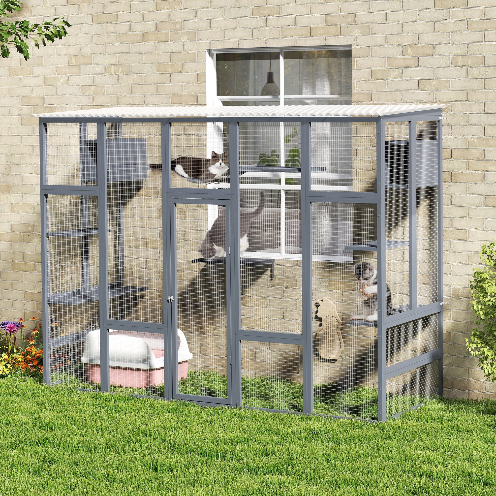 COZIWOW Catio Outdoor Cat Enclosure, 104" L Large Catio for Indoor Cats Window Access, Wooden Cat House