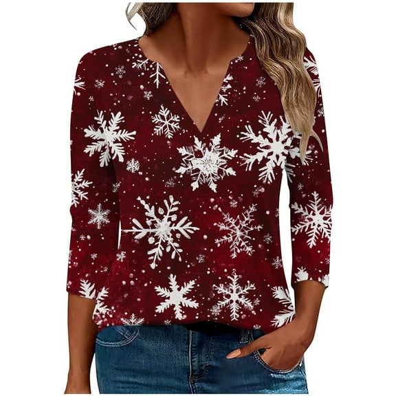 3/4 Sleeve Holiday Tops for Women Christmas Outfits V Neck Loose Fit Funny Graphic Tee Shirts Festive Clothes (XL, Wine)