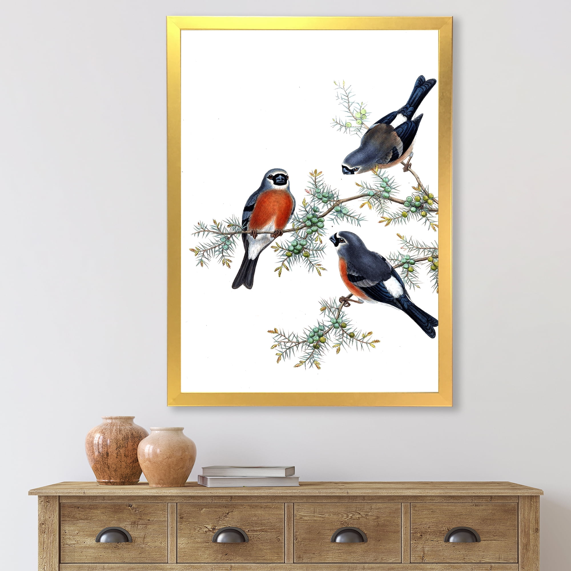 Designart 'Vintage Countryside Birds On Branch III' Farmhouse Framed Art Print