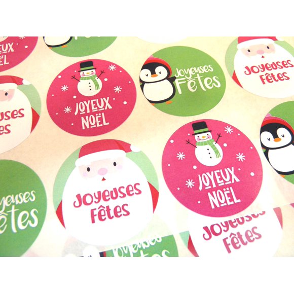 Pack of 30 Joyeuses Fêtes Joyeux Noël French Christmas Greeting Stickers, Colourful Self-Stick Labels for Cards, Envelopes, Craft, Decoration