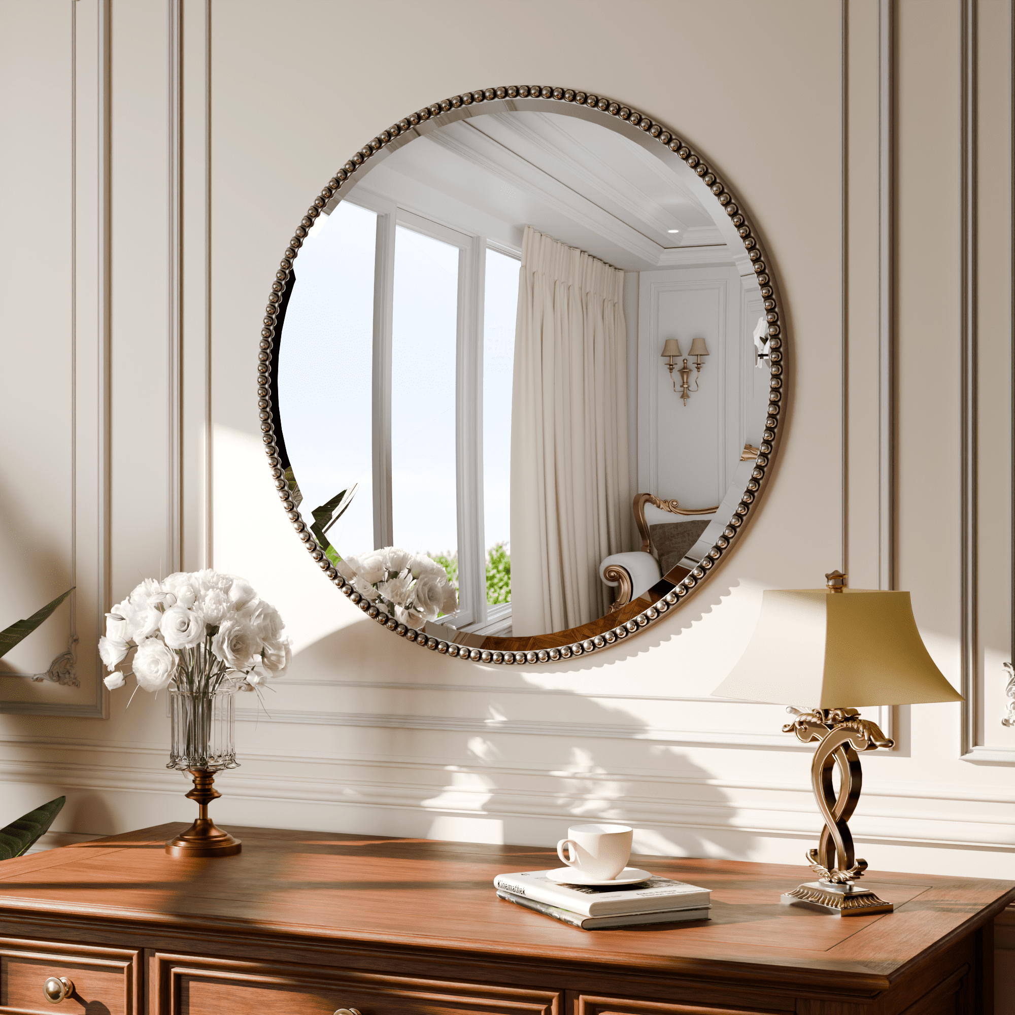 Puremirror 24" Round Bathroom Mirror Decoration Wall Mirror with Beaded Frame, Silver