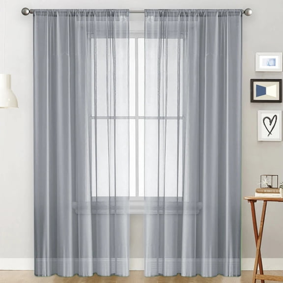 2PCS solid color semi blackout Terylene through pole window screen curtains for living room and bedroom use