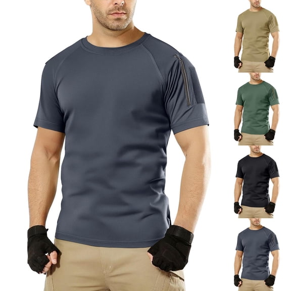 VBTAPA Mens Short Sleeve Solid Color Tshirts Quick Dry Military Hiking T Shirts Athletic Training Shirt with Zipper Pockets Gray L