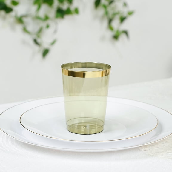 Efavormart 25-Pack Plastic Tumbler Cups 10oz Transparent Dusty Sage Green with Gold Rim - Disposable Crystal Drinking Glasses for Parties