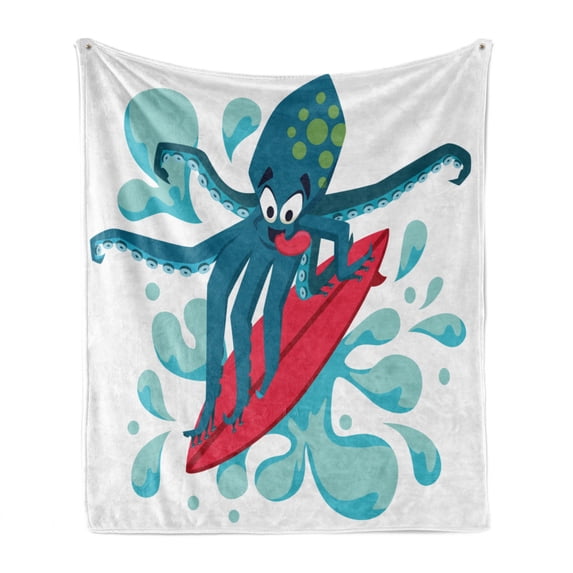 Ride the Wave Soft Flannel Fleece Throw Blanket, Surfer Octopus Having Fun Ocean Waves Underwater Fish Print, Cozy Plush for Indoor and Outdoor Use, 60" x 80", Petrol Blue Turquoise, by Ambesonne