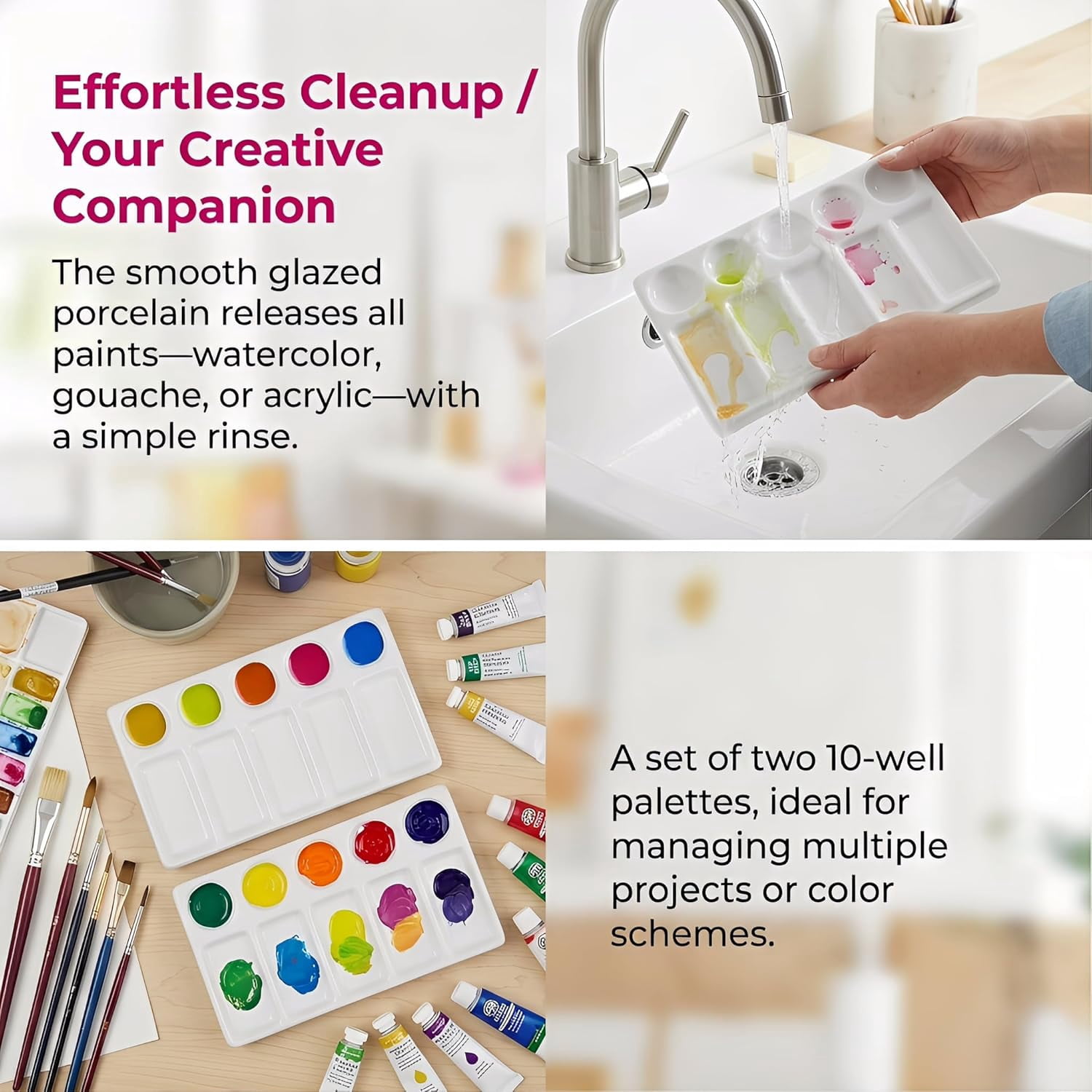 Xlhshop 2-Pack 10-Well Ceramic Paint Palettes, Rectangular Mixing Trays for Watercolor & Acrylic