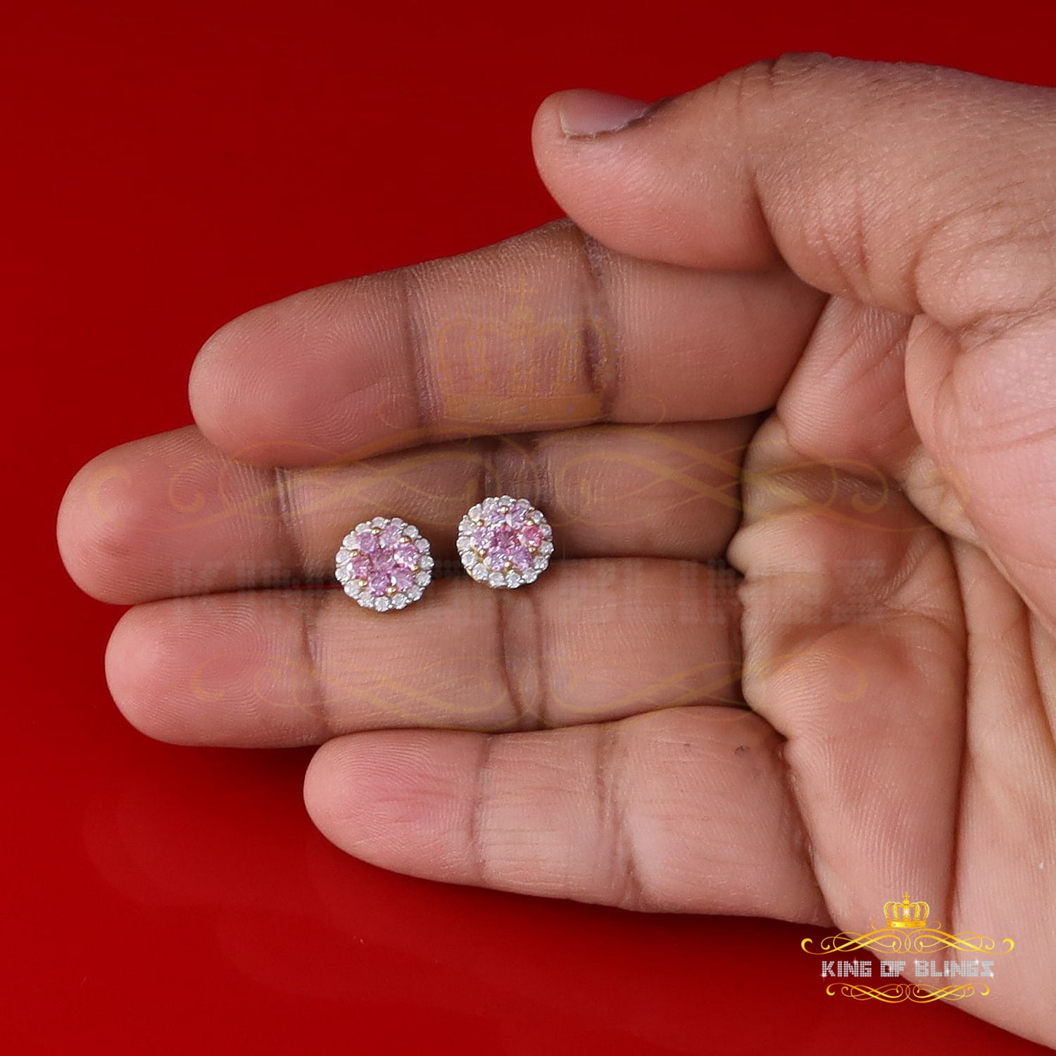 King of Bling's 925 Silver Yellow 1.33ct VVS D Pink Moissanite Round Men's/Women's Stud Earrings