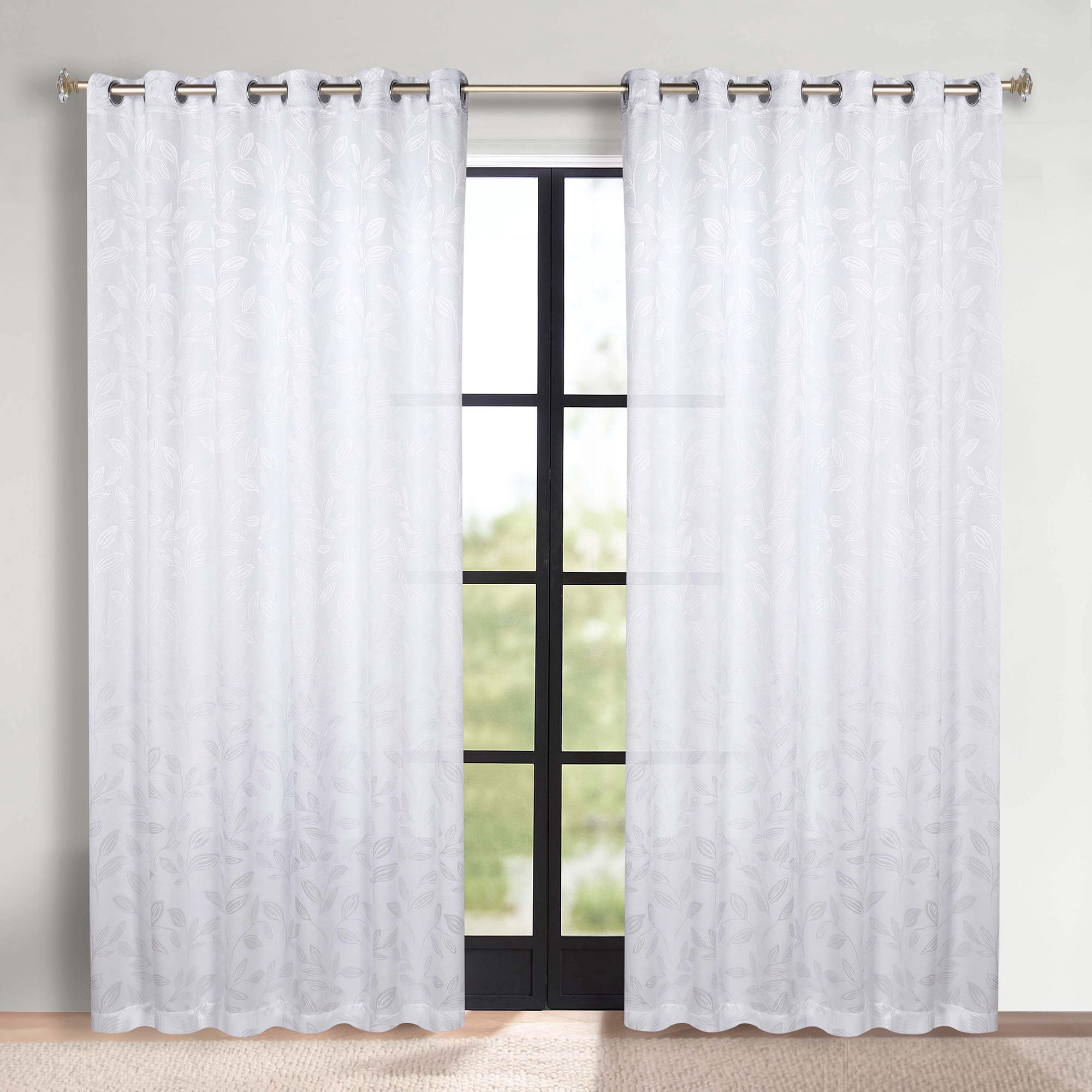 Superior Blackout Leaves Curtains Set of 2, Light Filtering Grommet Curtain Panel Set, White-White, 70"W x 84"L