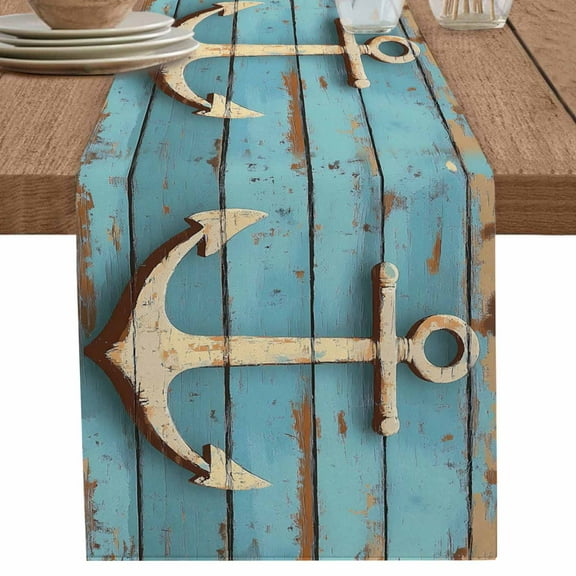 Nautical Anchor on Vintage Wood Grain Table Runner-70 Inch Long Marine Plank Table Runners Linen Burlap Tablerunner for Kitchen Dining Room Holiday Party