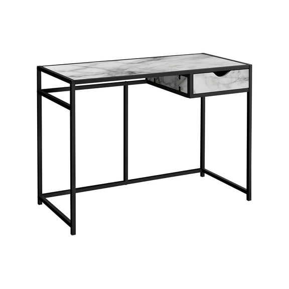 42 Inch White Marble Look Computer Desk with Black Metal Frame and Storage Drawer