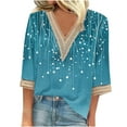 thumbnail image 2 of Viluyesy V-Neck T-Shirt for Womens 3/4 Sleeves Shirt Tops Lace Relaxed Loose Blouse Blue Size 2XL, 2 of 5
