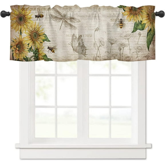 Window Curtain Kitchen Valance for Living Room Retro Farmhouse Sunflowers and Honey Bee Vintage Background Rod Pocket Curtain Valance 1 Panel 54" x 18"