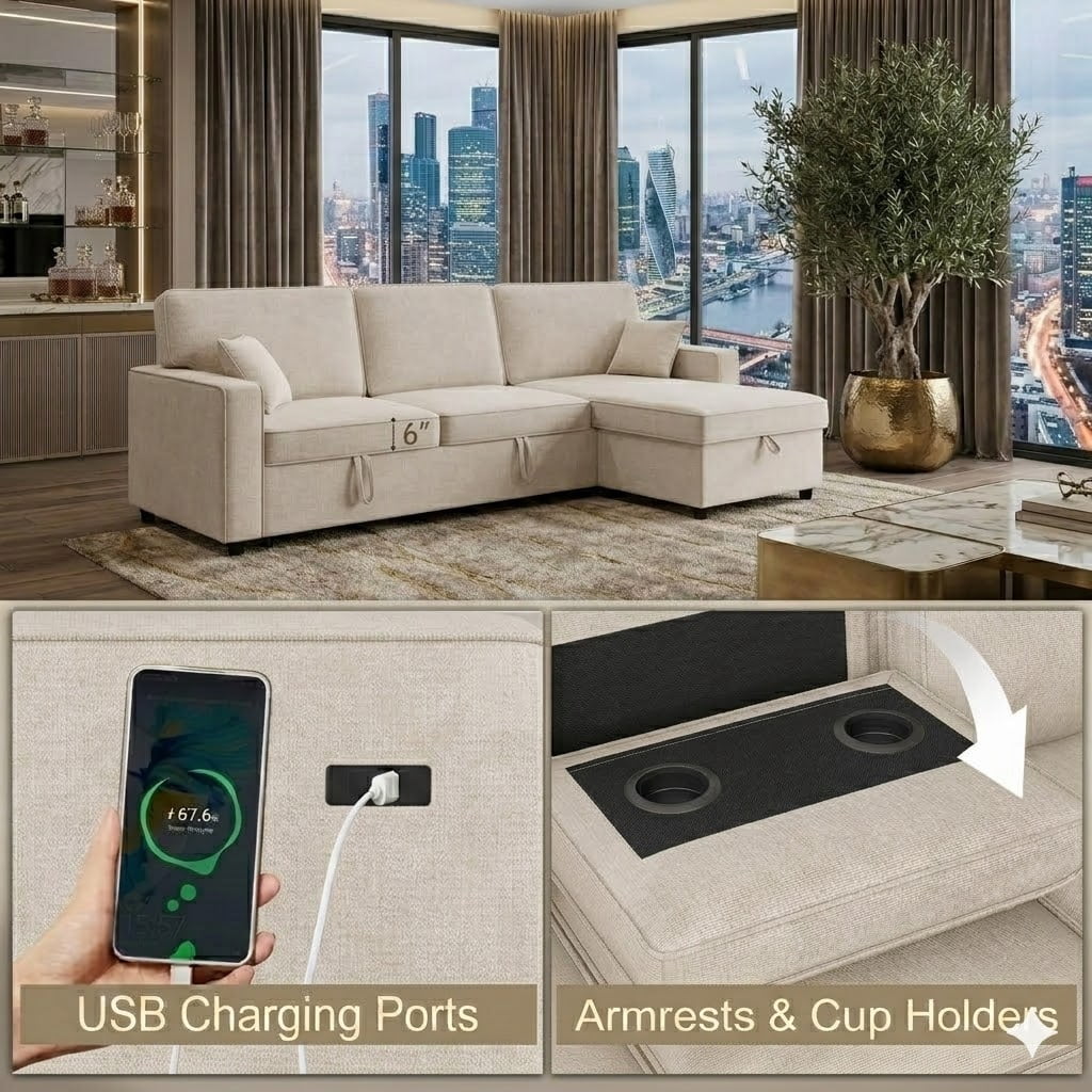 Howcool Sectional Sleeper Sofa,L Shaped Chenille Convertible Sofa Bed 89" 3 Seater with Flip-Down Center Console & USB Charging Ports,Pull Out Couch for Living Room Apartment Office,Beige