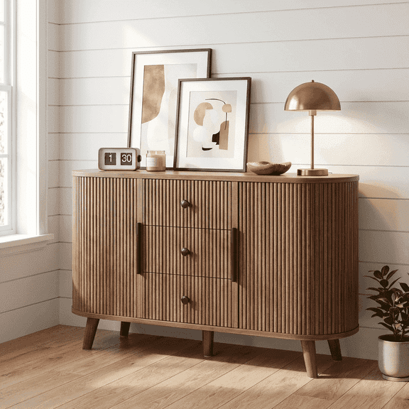 BelvaraHome 47.2" Mid-Century Modern Fluted Sideboard with Tambour Doors, 2-Shelf Storage, Walnut