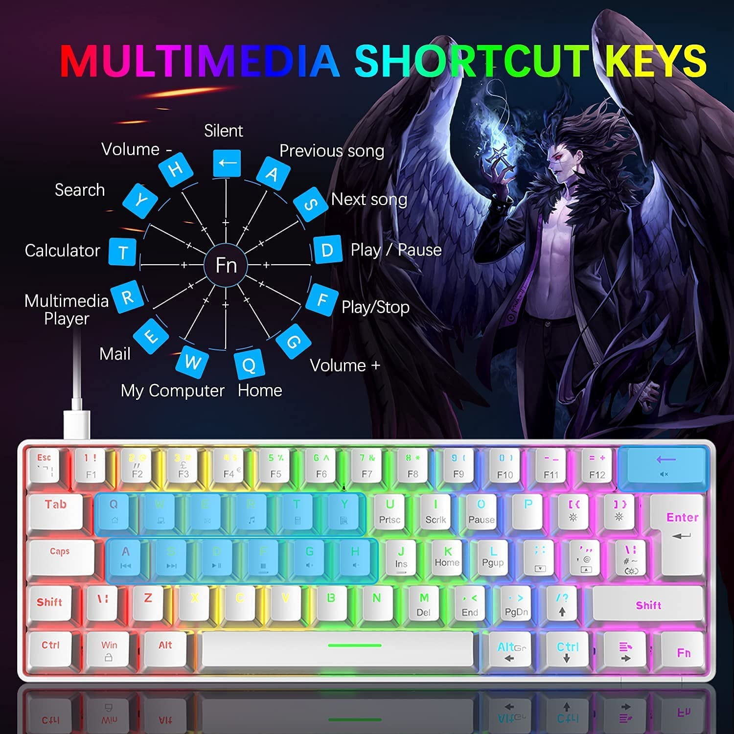 ZIYOULANG T60 Wired Gaming Keyboard 60% Mechanical Keyboard Mini Portable 61 Keys Multi Color RGB Illuminated LED Backlit Waterproof for PC/Mac PS4 Xbox Gamer, Typist, Travel- White/Blue Switch
