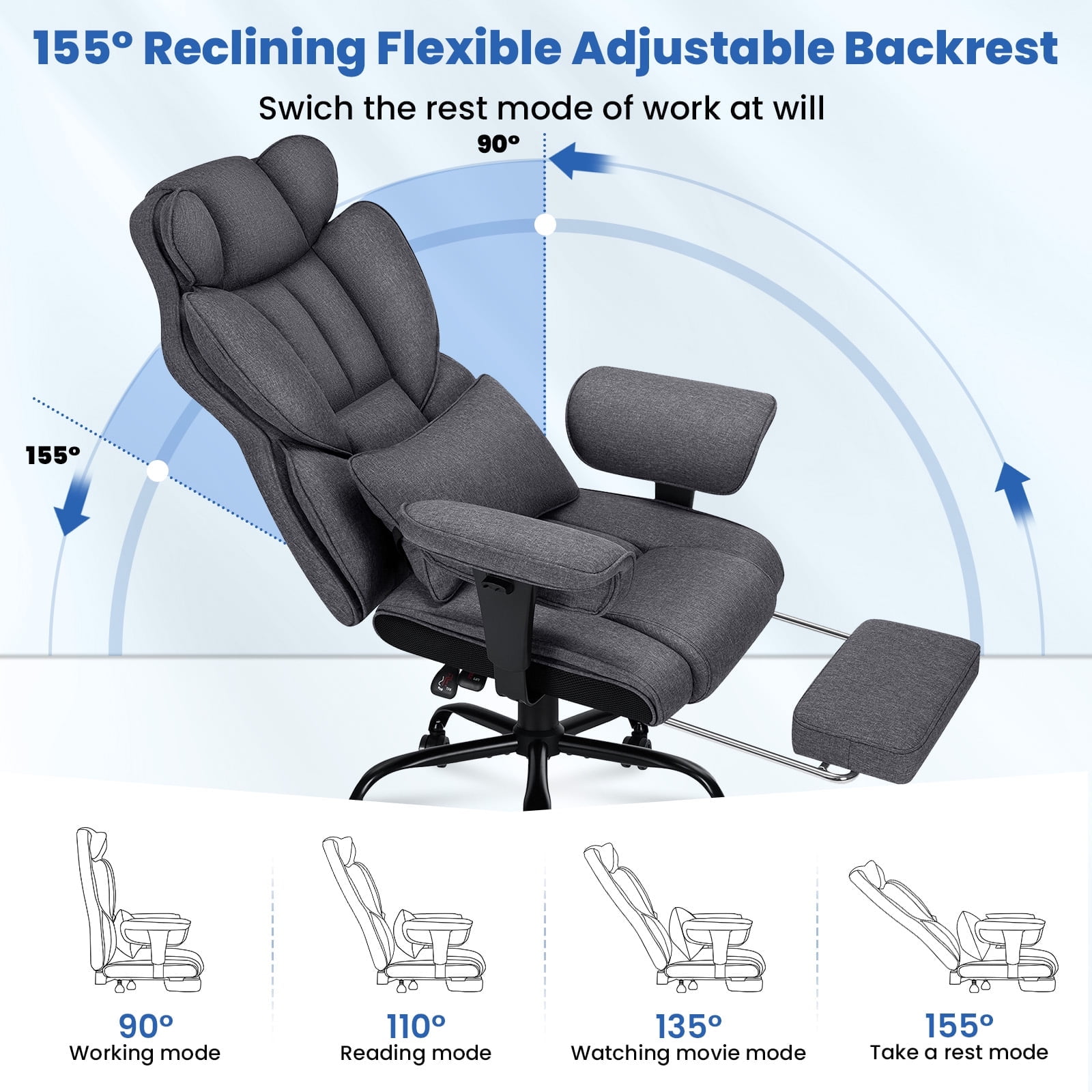 Hoffree Big and Tall Fabric Office Chair 450lbs, Executive Desk Chair with Massage Ergonomic  Computer Chair with Footrest Reclining Desk Office Chair with Lumbar Support for Home Office